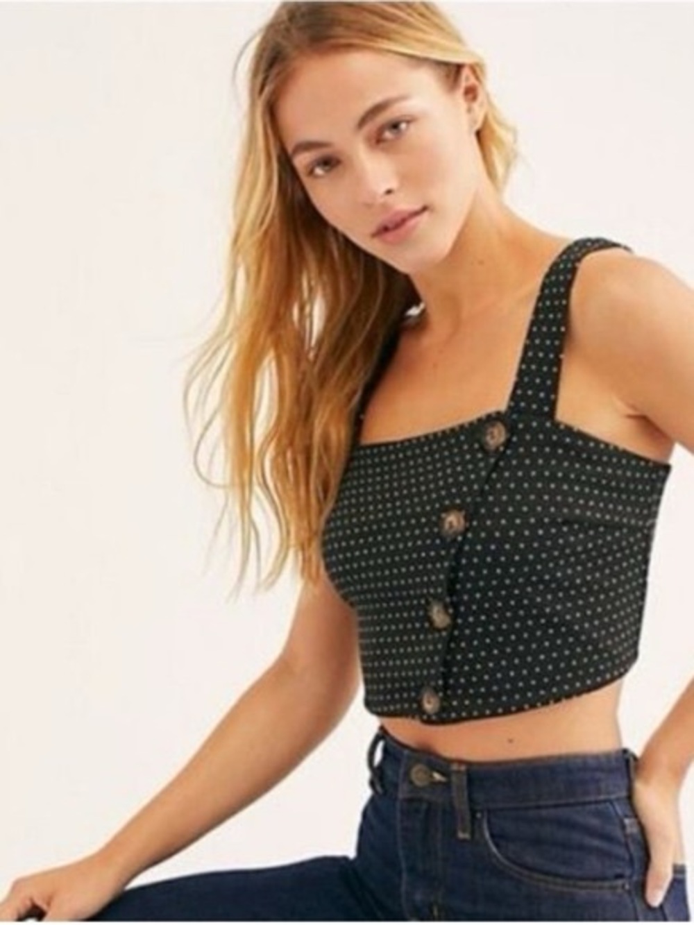 FREE PEOPLE This Is Love Black White Polka Dot Button Crop Top Size Small